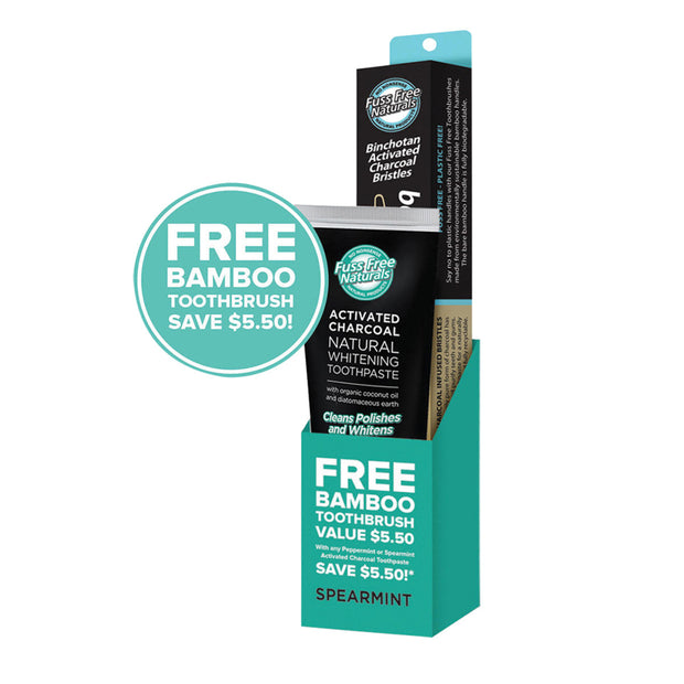 Toothpaste Activated Charcoal With Bamboo Toothbrush Spearmint 113g Fuss Free Essenzza