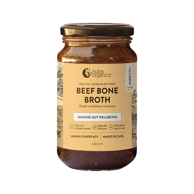 Beef Bone Broth Concentrate Lemon Ginger ACV 390g Nutra Organics