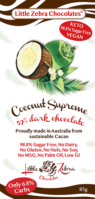 Coconut Dark Supreme Chocolate 85g Little Zebra - Broome Natural Wellness